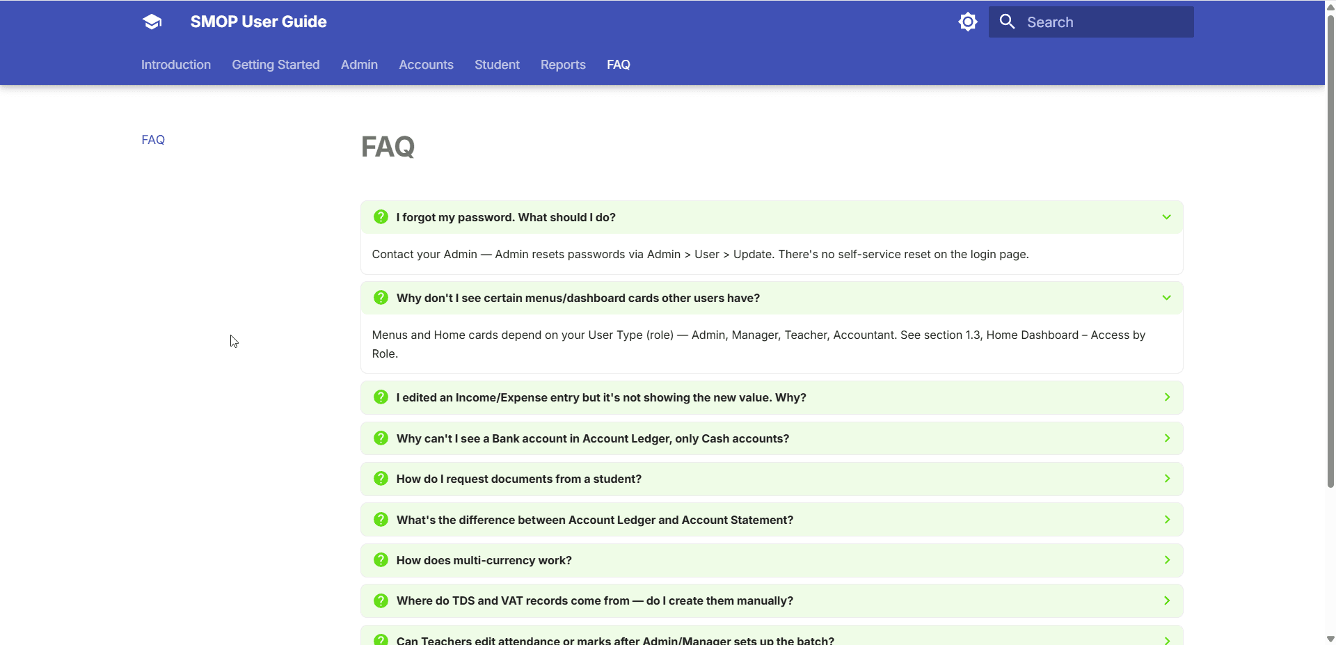 The FAQ page from the same site — each question is a collapsible accordion, not a wall of text