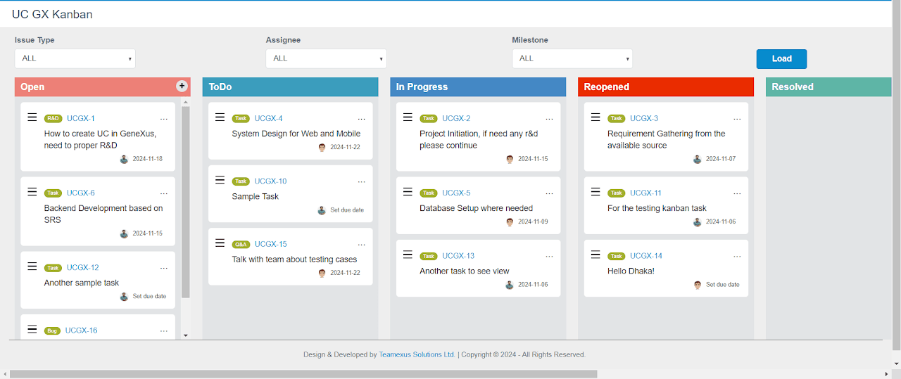GxJKanBan rendered in a Web Panel — Open, ToDo, In Progress, Reopened, and Resolved boards with issue-type tags, assignees, and due dates